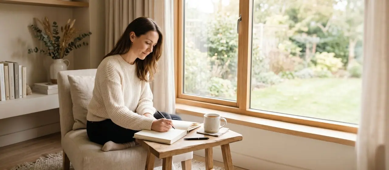 Woman journaling beside a large window in soft morning light during a quiet reflective moment.