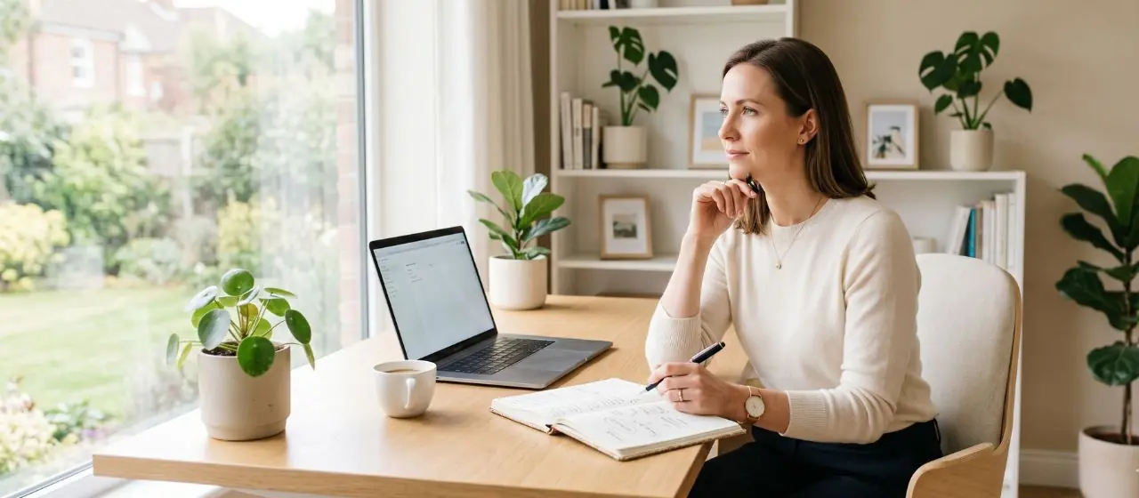 Professional woman working thoughtfully at a laptop in a calm modern workspace.