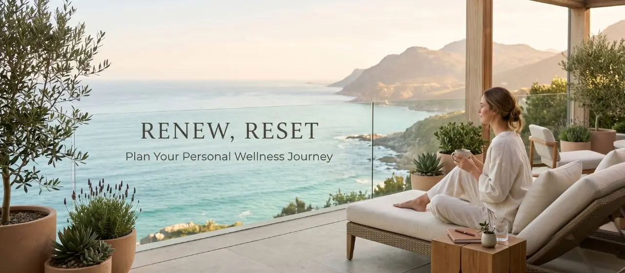 Woman relaxing on a balcony overlooking the ocean and mountains at a luxury wellness retreat.